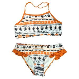 Shekini 2 piece swimsuit voodoo Halloween‎ white ruffle halter girl's 10/12